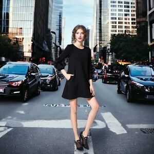 Pure Color Black Cha Cha 3/4 Sleeve Crew Neck Mini Dress S 2 Pockets Excellent